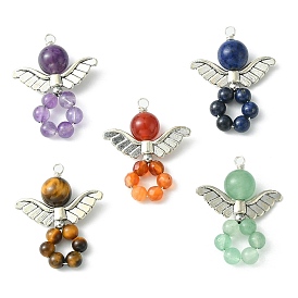 Natural Gemstone Pendants, with Wing Tibetan Style Alloy Beads, Angel Charm