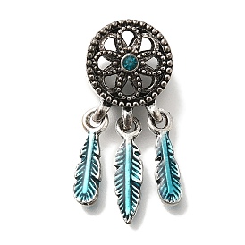 Rack Plating Alloy Enamel European Dangle Charms, Woven Net/Web with Feather Large Hole Pendants with Rhinestone, Lead Free & Cadmium Free, Antique Silver