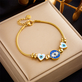 Unique Blue Eye Snake Chain Bracelet with Heart Pendant and Round Charm