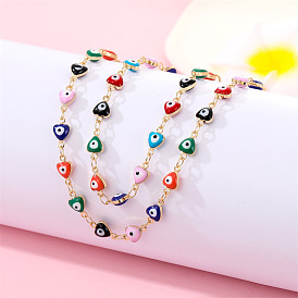 Colorful Heart Eyes Jewelry Set: Vintage Devil Eye Choker Necklace & Bracelet, Cute Peach Hearts for Women
