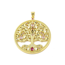 Brass Micro Pave Cubic Zirconia Pendants, with Enamel and Glass, Real 18K Gold Plated, Flat Round with Tree Of Life