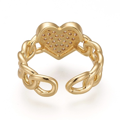 Brass Micro Pave Clear Cubic Zirconia Cuff Rings, Open Rings, Long-Lasting Plated, Heart, Curb Chain Shape