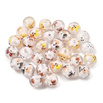 Transparent Resin Beads, Round with Dog, with Glitter Powder, Faceted