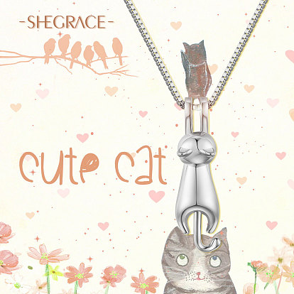 SHEGRACE 925 Sterling Silver Kitten Pendant Necklace, with Cat