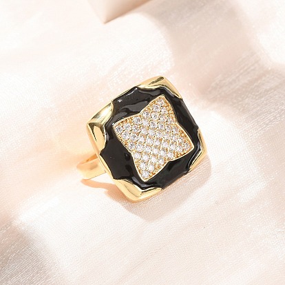 Brass Micro Pave Cubic Zirconia Cuff Open Rings, Clover, with Enamel, Cadmium Free & Lead Free, Rack Plating, Long-Lasting Plated, Real 18K Gold Plated
