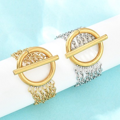 Multi Strand 304 Stainless Steel Cable Chain Rings, Round Spring Ring OT Toggle Clasp Finger Rings for Women, Ion Plating(IP)