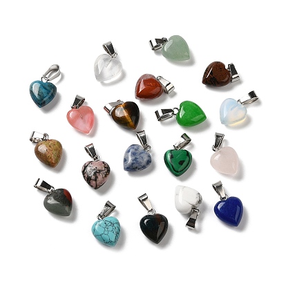Natural & Synthetic Mixed Gemstone Pendants, Heart Charms with Platinum Tone Iron Snap on Bails, Mixed Dyed and Undyed