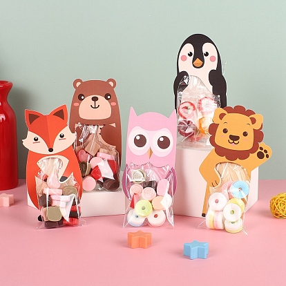 Пластиковые конфеты мешки, подарочные пакеты для печенья, для вечеринок, с бумажной карточкой животного, рисунок лев/медведь/лиса/пингвин