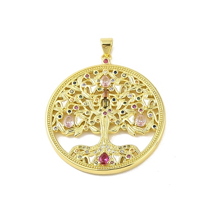 Латунные микро проложить кубического циркония подвески, без кадмия, без никеля и без свинца, С эмалью и стеклом, реальный 18 k позолоченный, плоские круглые с дерева жизни