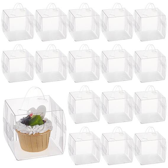 Foldable Transparent Plastic Single Cake Gift Packing Box, Bakery Cake Cupcake Box Container, with Handle and Paper, Square
