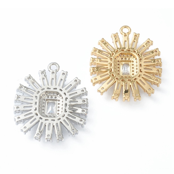 Brass Clear Cubic Zirconia Pendants, Long-Lasting Plated, Sun