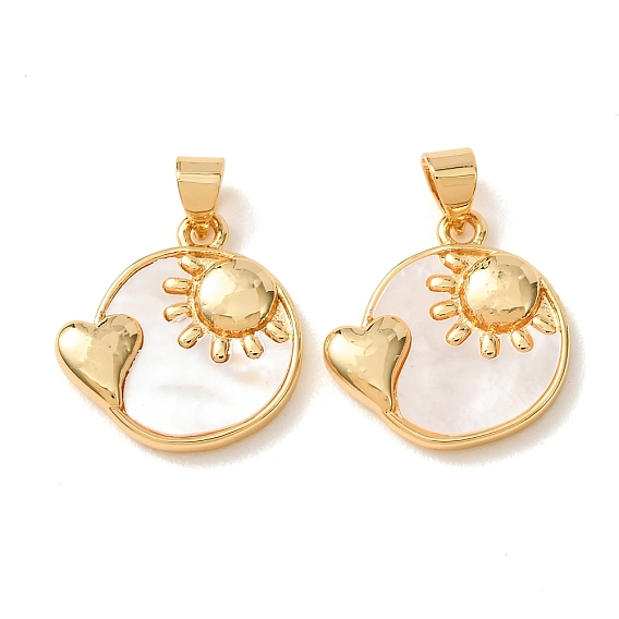 Brass with White Shell Pendants, Flat Round with Sun & Heart Charms, Rack Plating, Long-Lasting Plated, Lead Free & Cadmium Free