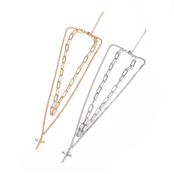 304 Stainless Steel Double Chains Multi Layered Necklace with Cross Charms for Women