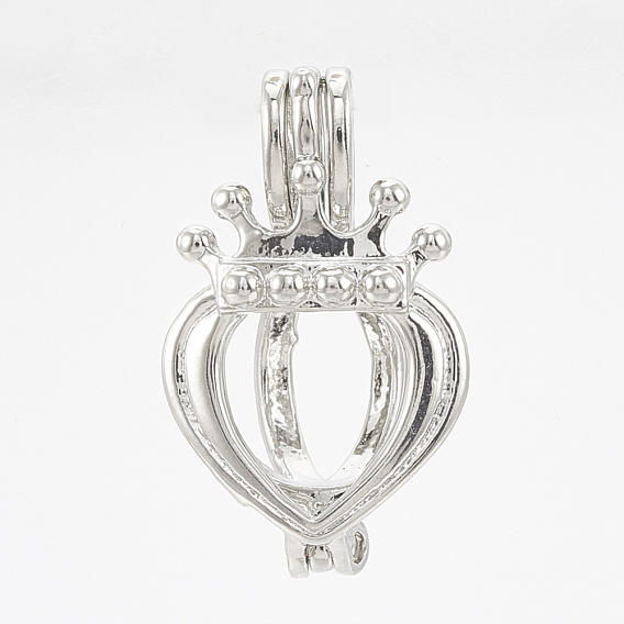 Brass Locket Pendants, Cage Pendants, Cadmium Free & Nickel Free & Lead Free, Hollow, Heart with Crown