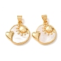 Brass with White Shell Pendants, Flat Round with Sun & Heart Charms, Rack Plating, Long-Lasting Plated, Lead Free & Cadmium Free