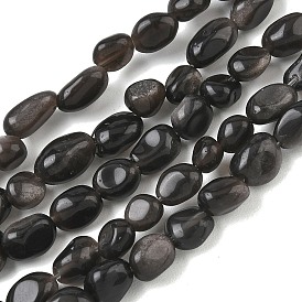 Brins de perles d'obsidienne aux reflets argentés naturels, pierre tombée, nuggets