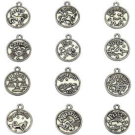 SUNNYCLUE Tibetan Style Alloy Pendants, Flat Round with Constellation/Zodiac Sign