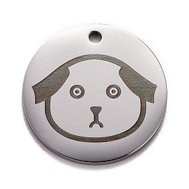 Pendentifs en acier inoxydable, polissage manuel, plat rond avec un chien