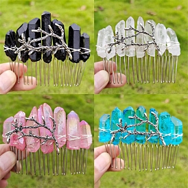 Electroplated Natural Quartz Crystal Hair Combs, Hair Accessories for Women Girls