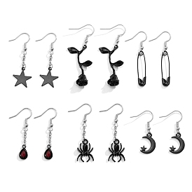 6 Pairs 6 Style Flower & Spider & Safety Pin & Star & Moon Alloy Dangle Earrings for Women