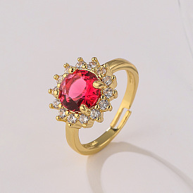 18K Gold Plated Geometric Flower Ring with Zircon for Women