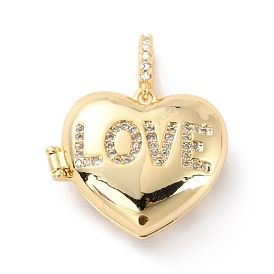 Brass Micro Pave Cubic Zirconia Diffuser Locket Pendants, Long-Lasting Plated, Heart with word LOVE