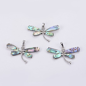 Abalone Shell/Paua ShellRhinestone Big Pendants, with Platinum Tone Brass Bail, Dragonfly