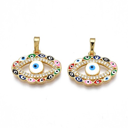 Brass Micro Pave Clear Cubic Zirconia Pendants, with Enamel and Brass Snap on Bails, Nickel Free, Real 18K Gold Plated, Eye