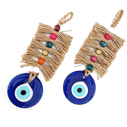 Flat Round with Evil Eye Glass Pendant Decorations, Hemp Rope Hanging Ornaments