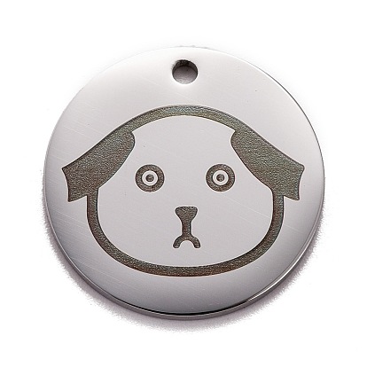 Pendentifs en acier inoxydable, polissage manuel, plat rond avec un chien