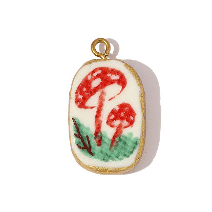 304 подвески из нержавеющей стали и фарфора, прямоугольник с грибом, ионное покрытие (ip), реальный 18 k позолоченный