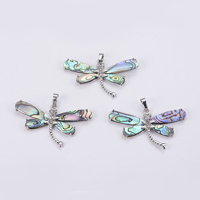Abalone Shell/Paua ShellRhinestone Big Pendants, with Platinum Tone Brass Bail, Dragonfly