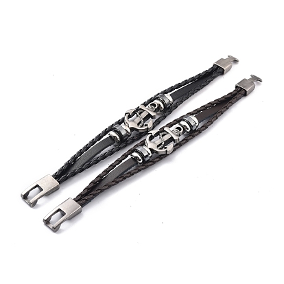 Cowhide Braided Multi-strand Bracelet, Anchor Bracelet with Synthetic Hematite for Women