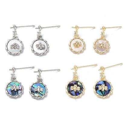 Серьги-пусеты из латуни с микропаве и цирконием в форме пчелы, с ракушкой и булавкой из стерлингового серебра 925