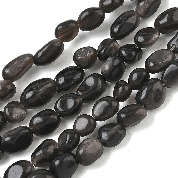 Brins de perles d'obsidienne aux reflets argentés naturels, pierre tombée, nuggets