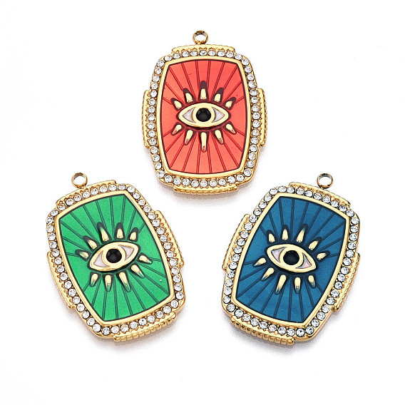 Ионное покрытие (ip) 304 эмалевые подвески от сглаза из нержавеющей стали, со стразами, прямоугольные, реальный 18 k позолоченный