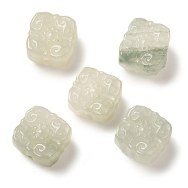 Natural Jade Beads, Square with Carved Flower