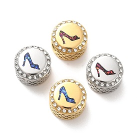 304 Stainless Steel European Beads, with Enamel & Rhinestone, Large Hole Beads, Flat Round with High Heel