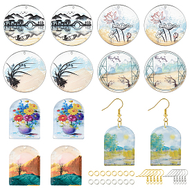 Kits de fabrication de boucles d'oreilles bricolage, 16 pcs demi-ovale et plat rond avec pendentifs acryliques à motif de paysage, 64 anneaux de saut en fer et crochets de boucle d'oreille