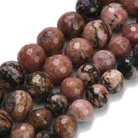 Природные родонит бисер нитей, круглые, граненый (128 граней)