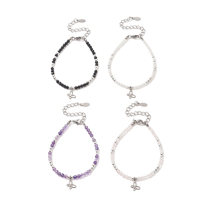 4Pcs 4 Style 304 Stainless Steel Butterfly Charm Bracelets Set, Dyed Natural Mixed Gemstone Beaded Stackable Bracelets for Women