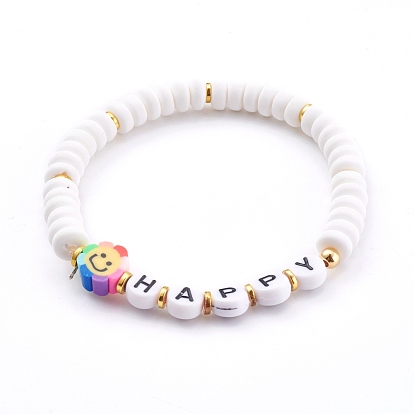 Polymer Clay Flower Beaded Stretch Bracelets for Valentine's Day, with Acrylic Beads and Non-magnetic Synthetic Hematite Beads, Word Love