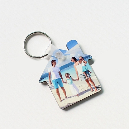 Sublimation Double-Sided Blank MDF Keychains, with House Shape Wooden Hard Board Pendants and Iron Split Key Rings