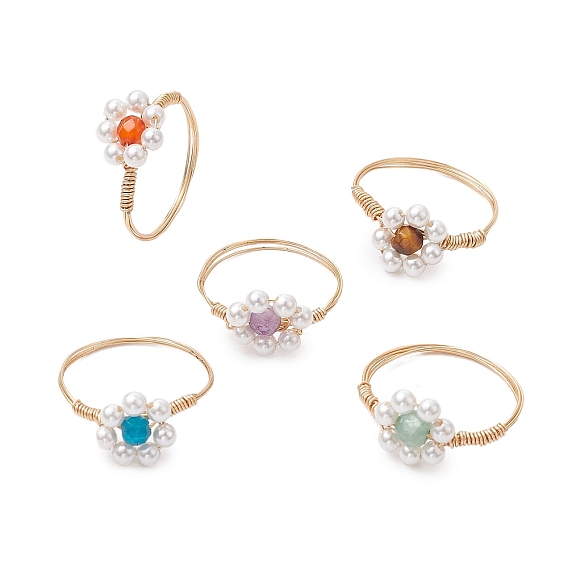 Кольца с натуральным цветочным аметистом, красным агатом, зеленым авантюрином, тигровым глазом, апатитом и ракушечным жемчугом, манжеты из медной проволоки для женщин