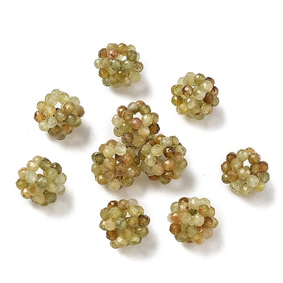 Natural Green Garnet Woven Beads, Cluster Beads, Faceted, Round