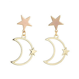 Star & Moon Dangle Stud Earrings, with Alloy Pendants, Brass Stud Earring Findings and Ear Nuts