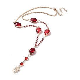 Red Oval & Teardrop Glass Lariat Necklace with Brass Chains