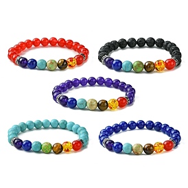 Эластичные круглые браслеты из разноцветных натуральных и синтетических драгоценных камней, расшитые бисером
