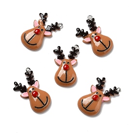 Opaque Resin Pendants, with Platinum Tone Iron Loops, Christmas Theme, Elk