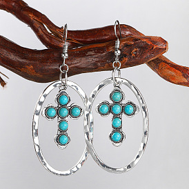Vintage Turquoise Cross Earrings - Exaggerated Silver Ear Jewelry, Retro Style